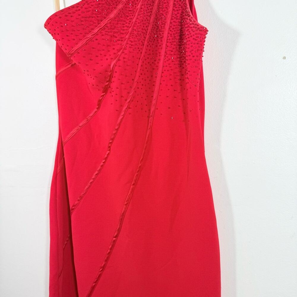 Cassandra Stone Red Y2K One Shoulder Bodycon Beaded Gown with Slit 8 Medium - Picture 5 of 10